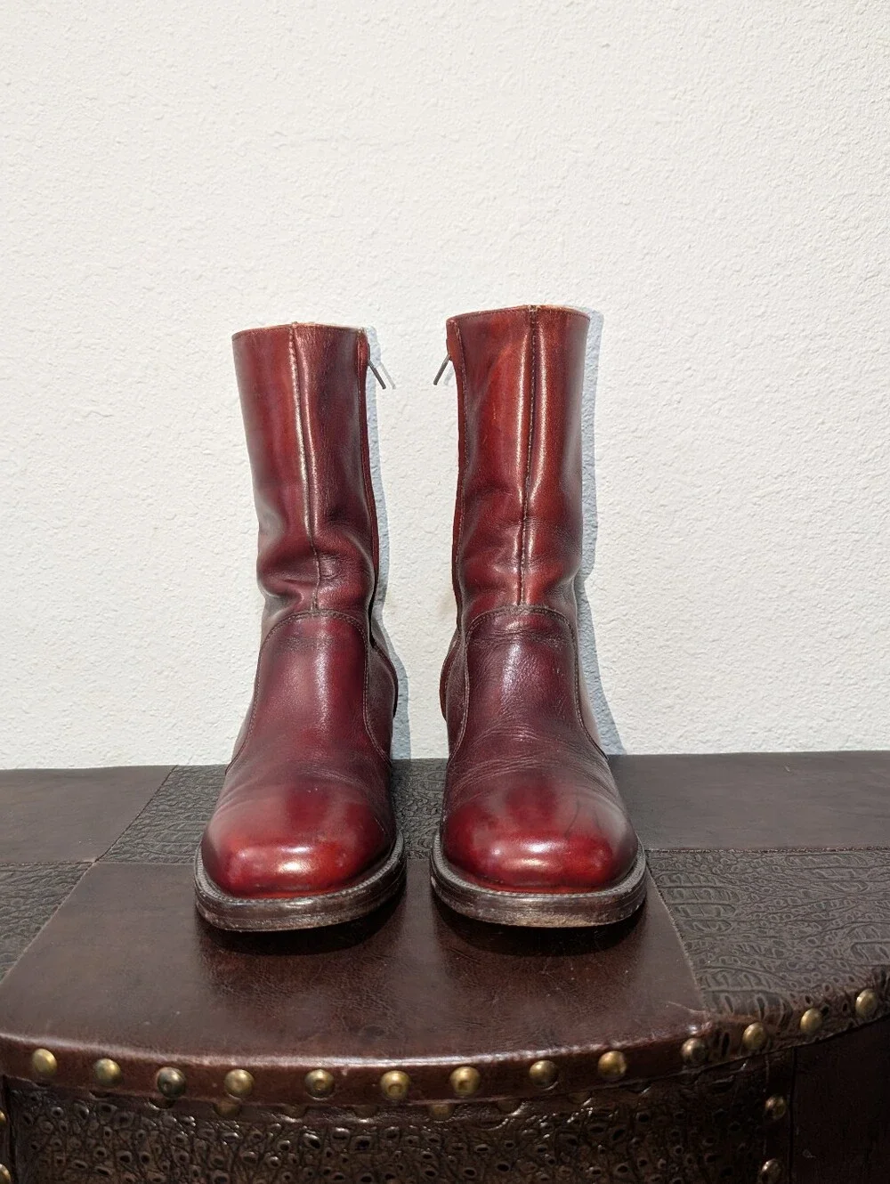 VINTAGE 70's Campus Red Leather Square Toe Zip-Up Ankle Boots - Made in USA - Picture 8 of 16
